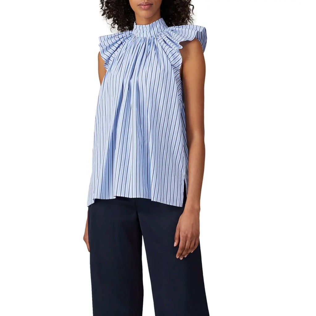 Vvb Victoria Beckham Blue Striped High Neck Top, Flutter Sleeves, O/S, Nwot